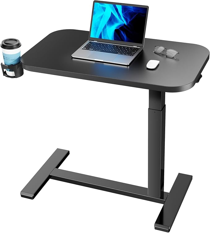 HUANUO 32Inch Bedside Table with Wheels, Height-Adjustable Rolling Computer Cart, Overbed Table with Cup Holder, Pneumatic Laptop Standing Desk for Home Office, Black by HUANUO