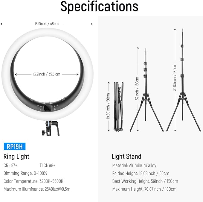 NEEWER 19 inch 2.4G Ring Light with Stand, 3 Phone Holders, 2.4G USB Transmitter for Mac/PC Remote Control, Touch Panel, Smooth Dimming at 1%, 3200K-5600K for Selfie TikTok Live Streaming Zoom, RP19H - Image 8