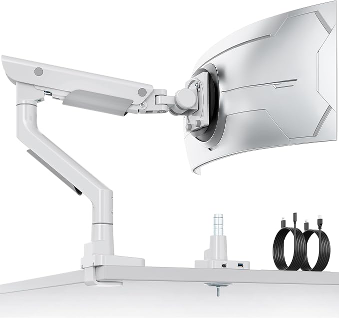 monTEK USB Monitor Arm for 17-57" Ultrawide, 59.4 lbs, White | USB-A/C ports, pneumatic lift, quick-release VESA 75/100 plate, clamp/grommet bases and cable management - Image 10