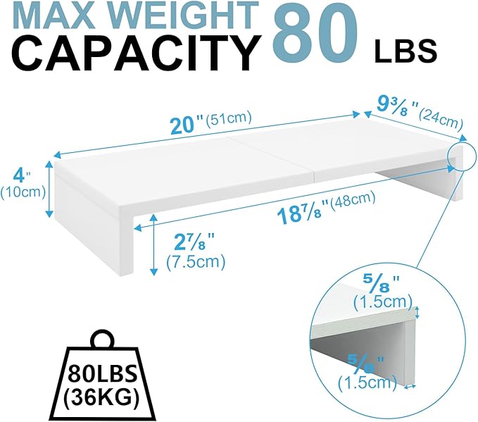 TEAMIX 20 inch White Monitor Stand Riser, Wood Desktop Computer Stand | Fits Laptop, Printer, TV, PC Tower, Full Keyboard Storage Underneath, Ergonomic, Desk Organizer for Home Office Gaming Vanity - Image 5