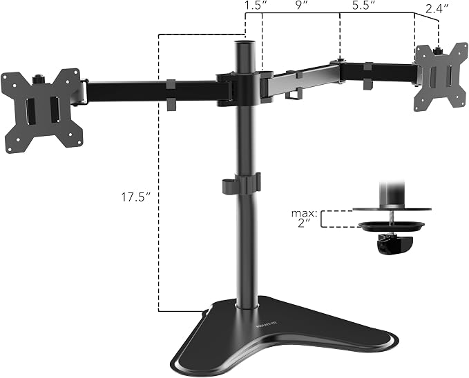Mount-It! Dual Monitor Stand, Premium Adjustable Desk Mount for Two 13–32 Inch Screens up to 17 lbs Each, Full Motion Swivel Tilt Rotate Height Adjustable Arms, VESA 75x75 100x100, Steel Base - Image 4