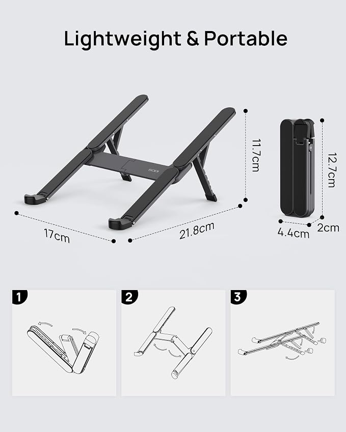 Ultra Compact Foldable Laptop Stand - Portable Laptop Holder for Desk & Travel Use, Ergonomic Aluminum Computer Holder with Adjustable Height for MacBook, Tablet 10-16" (Dark Black, Bi-Fold) - Image 8