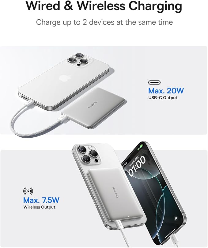 Baseus Picogo Power Bank, 0.3" Ultra Slim 5000mAh MagSafe Portable Charger, Card-Size Magnetic Battery Pack with USB-C Braided Cable, Alloy Wireless Charger for iPhone 17 Pro Max/17 Air/16/15/14/13/12 - Image 4