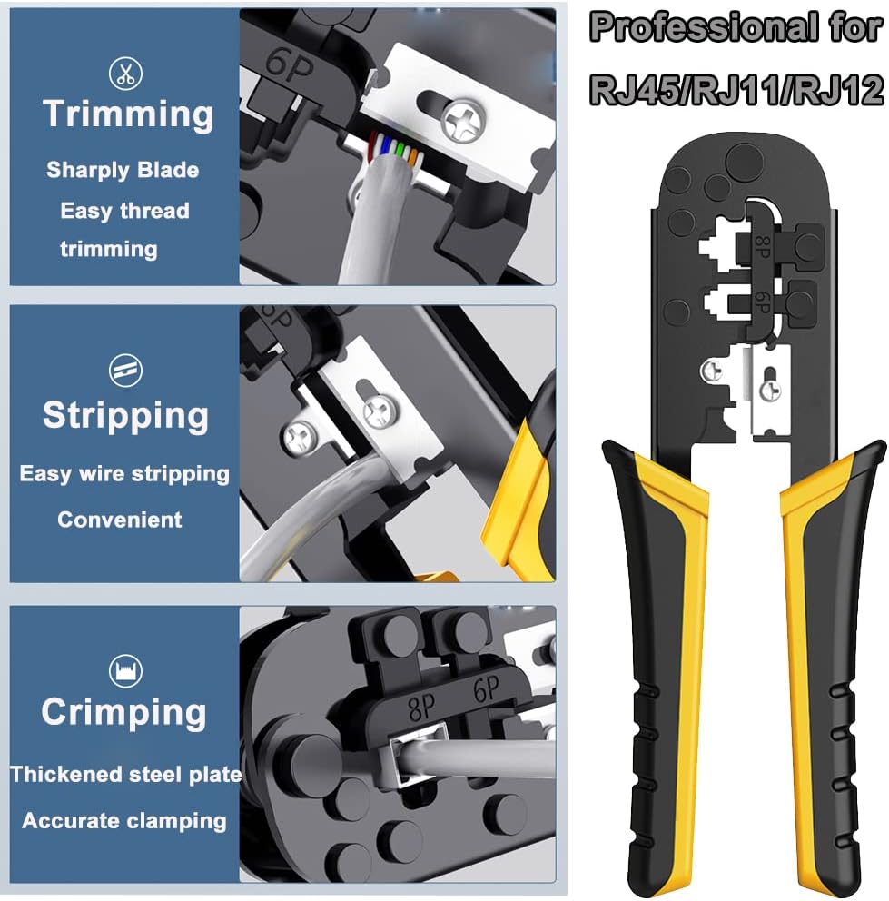 TAIWAIN CAT6 Network Crimp Tool Repair Set CAT5 Crimper with RJ45 Connectors for RJ11/RJ12, Network Crimping Wire Stripper Kit with 50PCS Covers, Professional Punch down Cutter(Azure) - Image 3