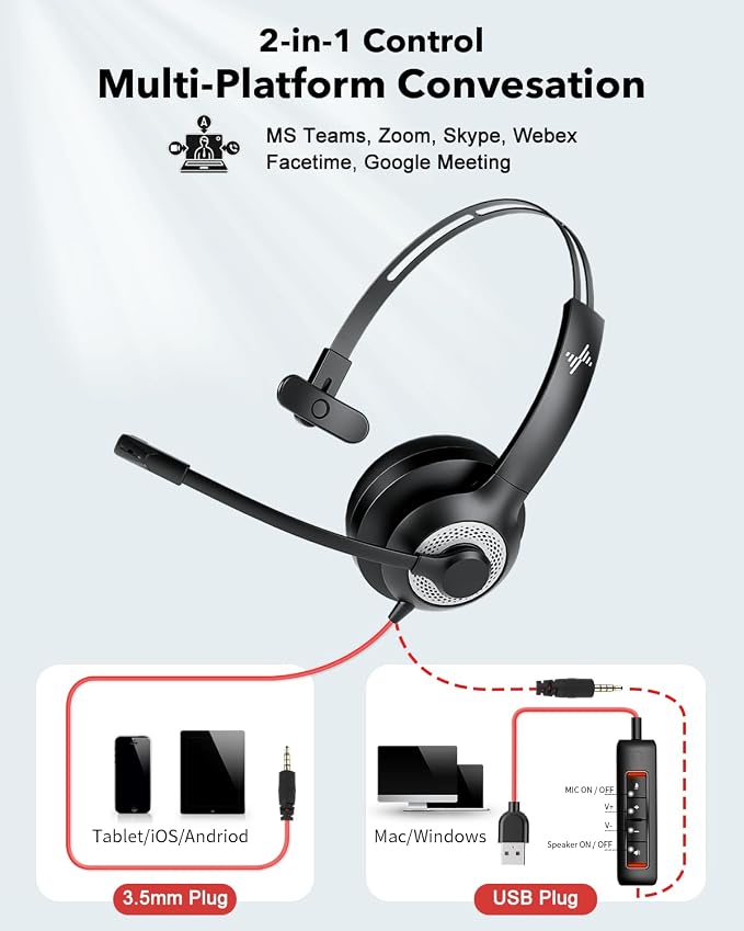 JIAMQISHI Single‑Ear USB Headset with Mic for PC,On-Ear Computer Laptop Headphones with Noise Cancelling Microphone in-line Control for Home Office Online Class (USB+3.5mm Single Ear Headset, Black) - Image 5