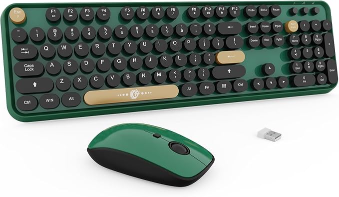 Green Wireless Keyboard and Mouse Combo,Typewriter Keyboard with Round Keys,2.4G Wireless Full Size Colorful Keyboard with Number Pad for Computer Laptop and Desktop by TT-FOPETT