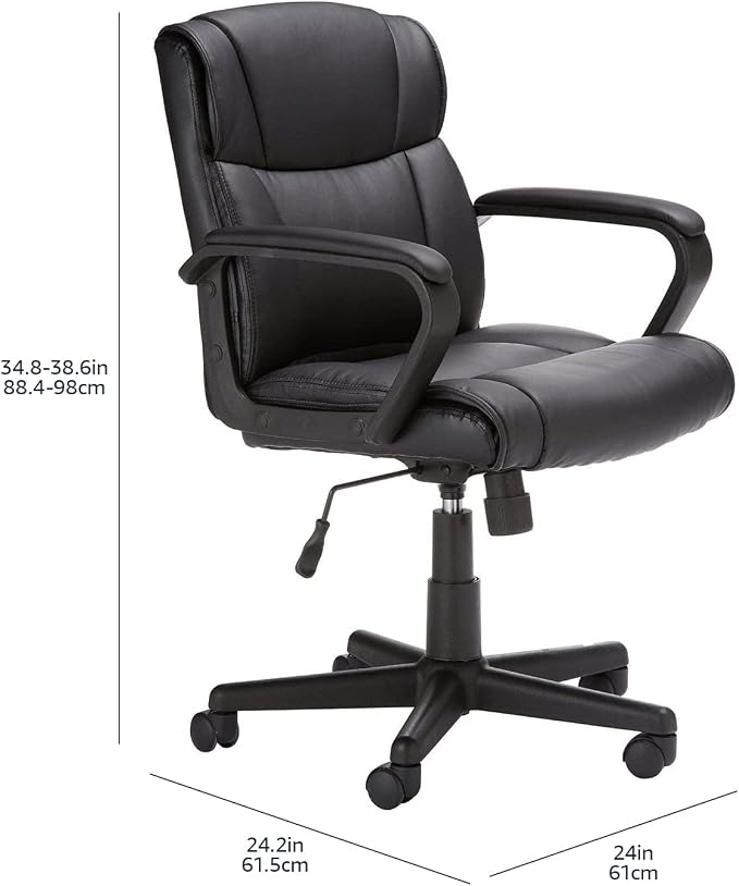 Amazon Basics Office Task Chair with Adjustable Height, 360° Swivel, Padded Armrests, Mid-Back, Rolling, 275 Pound Capacity, 24.2"D x 24"W x 34.8"H, Black Faux Leather - Image 3