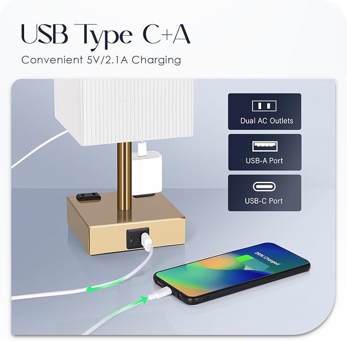 Set of 2 Bedside Table Lamp 3 Way Dimmable Nightstand Lamp with USB C & USB A Charging Port, 2 AC Outlets, 3000K LED Bulbs (Pleate) - Image 3