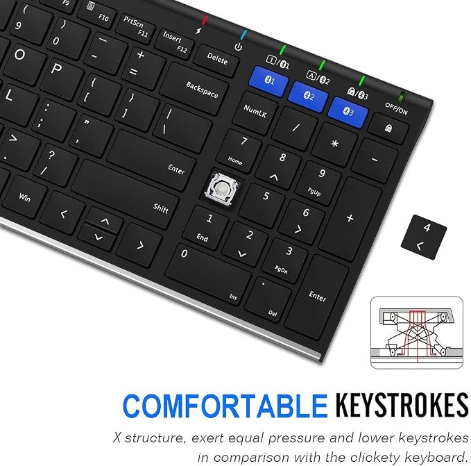 Arteck HB193 Universal Bluetooth Keyboard Multi-Device Stainless Steel Full Size Wireless Keyboard for Windows, iOS, Android, Computer Desktop Laptop Surface Tablet Smartphone Rechargeable Battery - Image 4