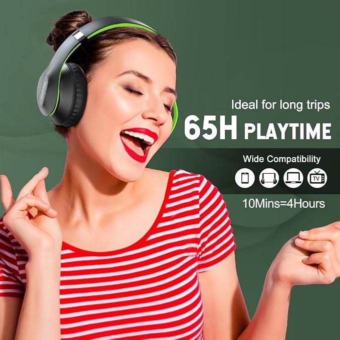 Wireless Bluetooth Headphones Over Ear V6.0 HiFi Stereo with Mic | 65H Playtime 6EQ Modes Foldable Bluetooth Headset with Microphone for Travel Smartphone Computer Laptop Green - Image 5