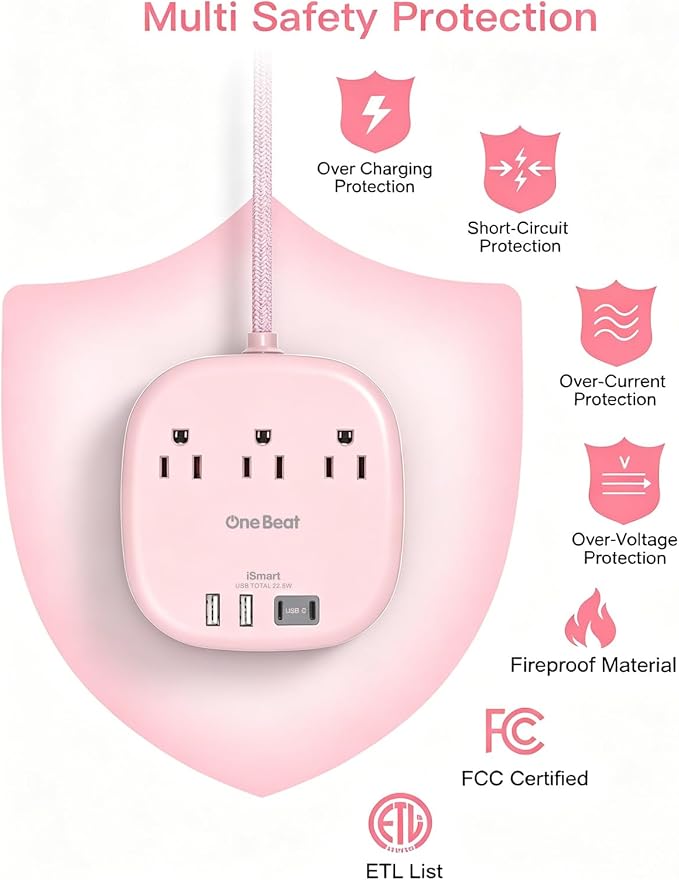 Cruise Ship Travel Essentials, 22.5W/4.5A Flat Plug Power Strip, Pink | 3 Outlets 4 USB Ports (2 USB C),Power Strip No Surge Protection for Cruise Ship, Home Office Dorm Room Travel Essentials - Image 7