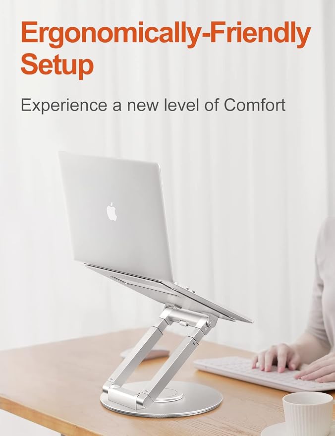 tounee Telescopic Laptop Stand for Desk with 360° Swivel Base, Sit to Stand, Height Adjustable, Portable Riser Holder for Good Posture, Compatible with All Laptops 10-17"-Silver - Image 9