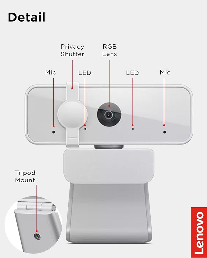 Lenovo HD 1080p Webcam (300 FHD) - Monitor Camera with 95° Wide Angle, 360° Rotation Pan & Tilt, Dual Microphones – Attachable Desktop Cam with Privacy Shutter for Remote Work, Streaming & Gaming - Image 8