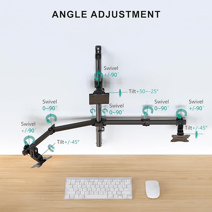 WALI Triple Monitor Wall Mount for 13 to 49 Inch, 3 Monitor Wall Mount Computer Monitor Arm for Ultrawides Screens, Swivel Tilt Wall Mount with VESA 75/100 mm, Per Arm Holds Up to 22lbs - Image 4