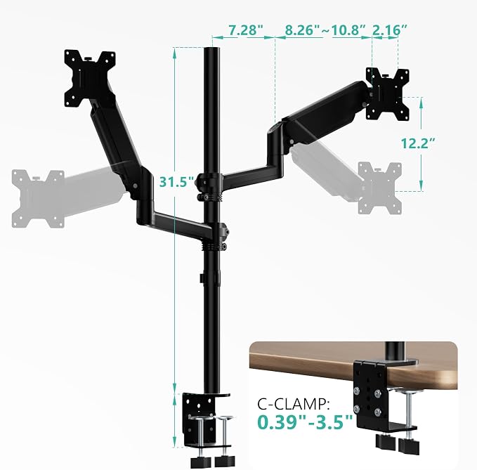 WALI Vertical Dual Monitor Mount for 13-40 inch Curved Screens, up to 22lbs | Stacked Monitor Stand, 31.5 inch Extra Tall Pole, Full Motion with Tilt, Swivel, Rotation, C-Clamp, VESA 75/100mm (GSDM002XL) - Image 8