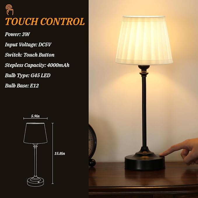Cordless Table Lamps Rechargeable Set - 2 Pack Black 4000mAH Battery Operated Lamps for Decor, 3000K Stepless Dimming Touch Control Wireless Lamps for Bedroom, Dining Table, Living Room, White Shade - Image 4