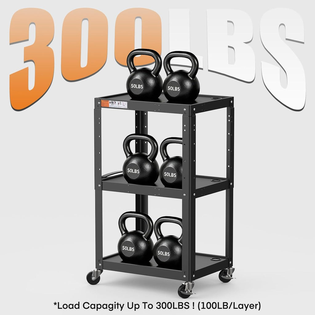 3 Shelf Metal Utility Cart - Durable Computer Cart on Wheels with Power Strip,Height Adjustable AV Presentation Cart Stand for Movie Projector,TV and Laptop Computers,Easy to Assemble, Black - Image 3