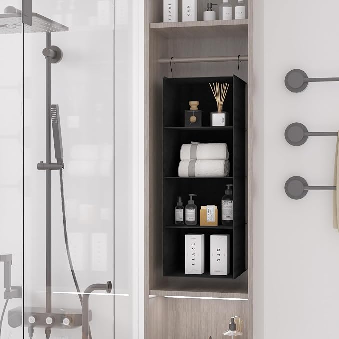 Hanging Closet Organizer 4-Shelf, Oxford Fabric Wardrobe Storage, Black | Easy-mount foldable design holds clothes, handbags, shoes & accessories; washable Oxford fabric, sturdy and space-saving. - Image 7