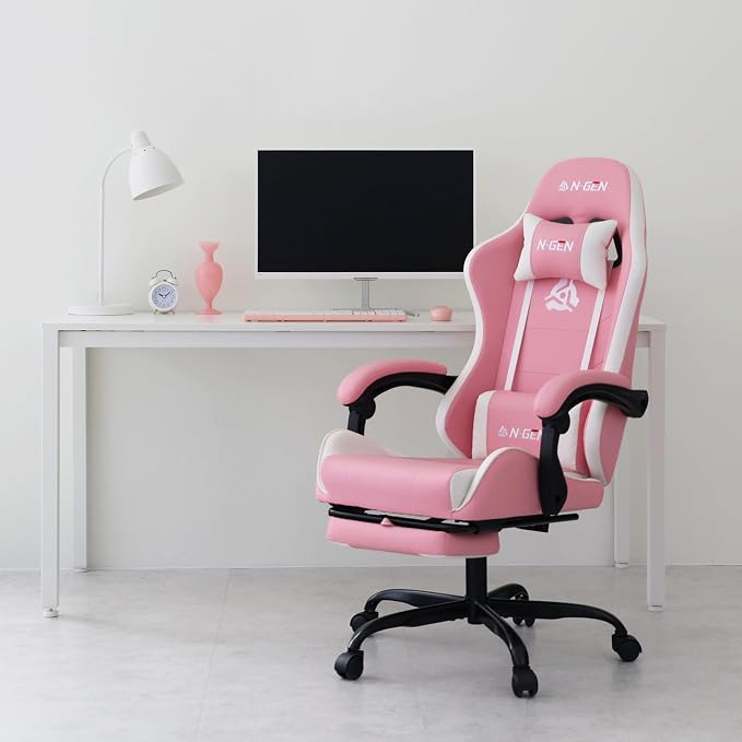 N-GEN GAMING Gaming Chair with Footrest, Lumbar, High-Back, Pink White | Reclining Backrest, Linkage Armrests, Durable PU Leather, Adjustable Comfort for Extended Computer, Desk, or Home Office Use - Image 2