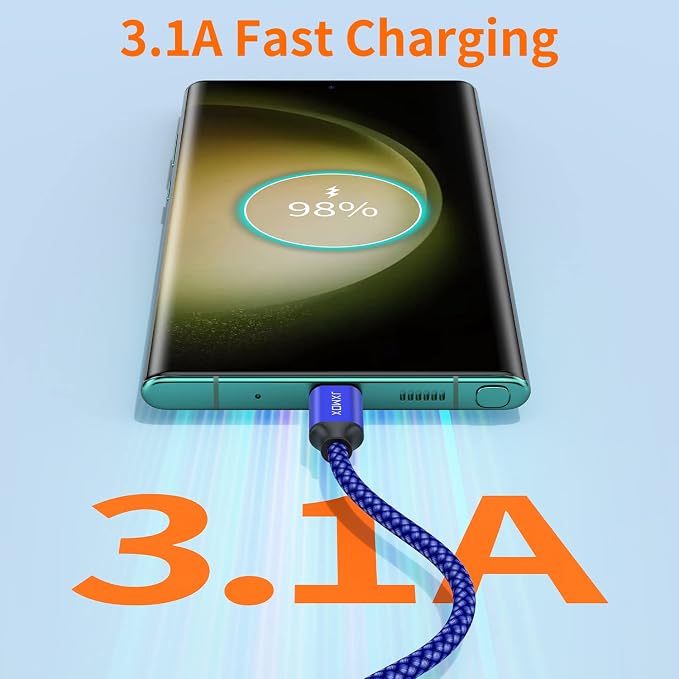 JXMOX Short USB C Cable (1ft 3-Pack), USB A to Type-C Charger Cord 3.1A Fast Charging Compatible with iPhone 15 16 Pro Max, Samsung Galaxy S22 S21 S20 S10 S9, Note 10, A80 A70 A50, Power Bank (Blue) - Image 2