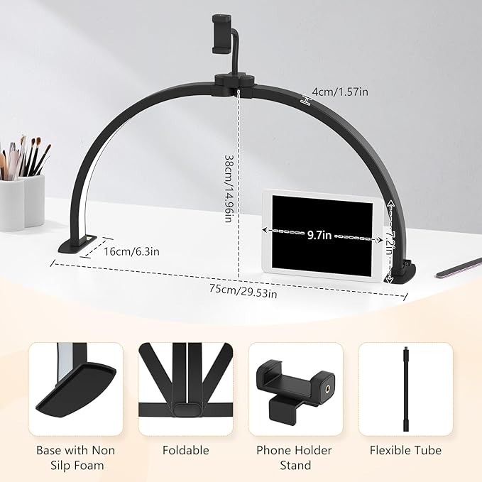 Yokilly Half Moon Light for Nail Desk: 29" Foldable Nail Light for Desk | AB Diamonds Arch Nail Tech Light with Phone Holder for Beginner - 3 Color Modes & 10 Brightness for Manicure Salon-Black - Image 4