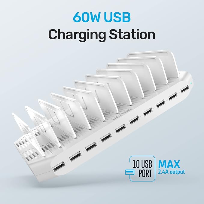 【10PCS】 Unitek 10-Port Charging Station, Fast Charger Dock for Multi-Device | Multi Charging Dock Smart IC Tech Adjustable Dividers USB Type A Fast Charging Stand for iPad, Tablet, Kindle, iPhone, Family - Image 4