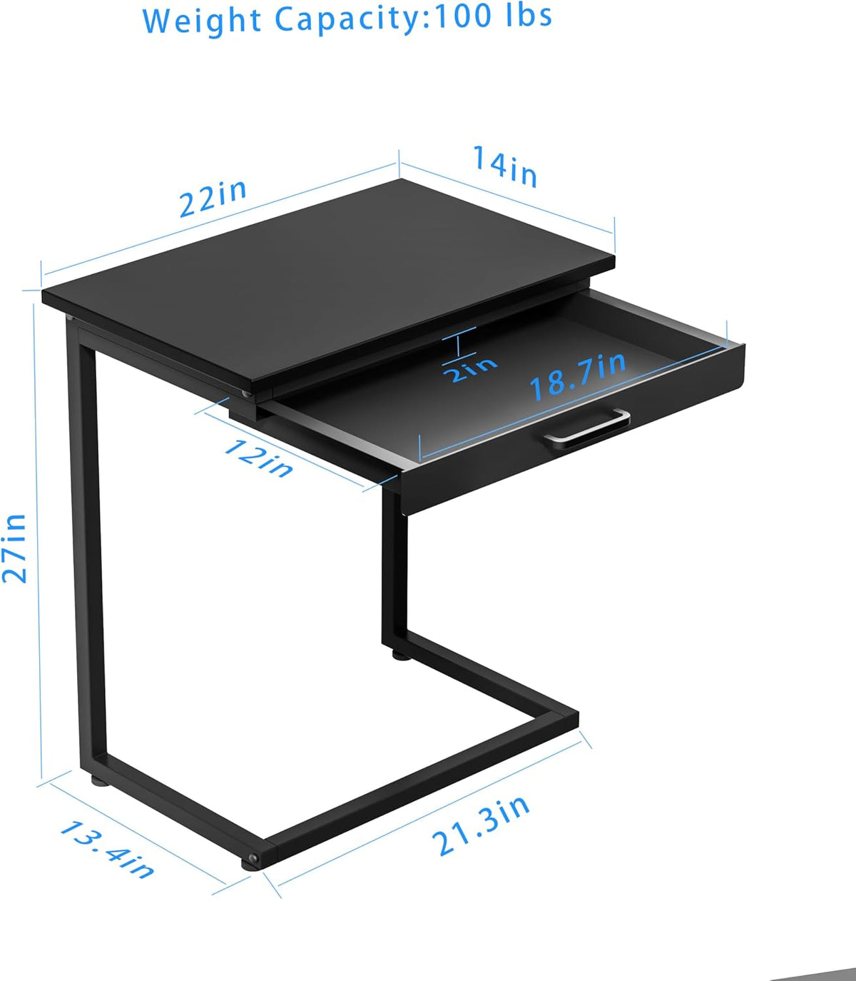 C Shaped End Table,Small Couch Side Table with Drawer,for Living Room, Bedroom Magazines, Computers, Coffee, Small Objects Storage.Black - Image 3