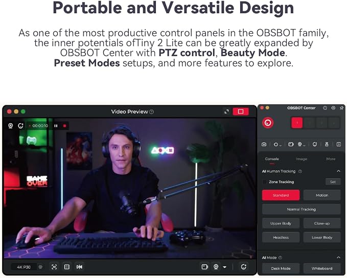 OBSBOT Tiny 2 Lite AI-Powered 4K UHD PTZ Webcam,1/2" CMOS 4X Digital Zoom, AI Auto Tracking, Auto Zoom, Gesture Control 2.0, Beauty Mode,Preset Modes,LiveStream for Game/Meeting/Online Educate | 48MP HDR 4K@30fps 1080p@60fps Dual-Mic NR Gesture Control... - Image 5