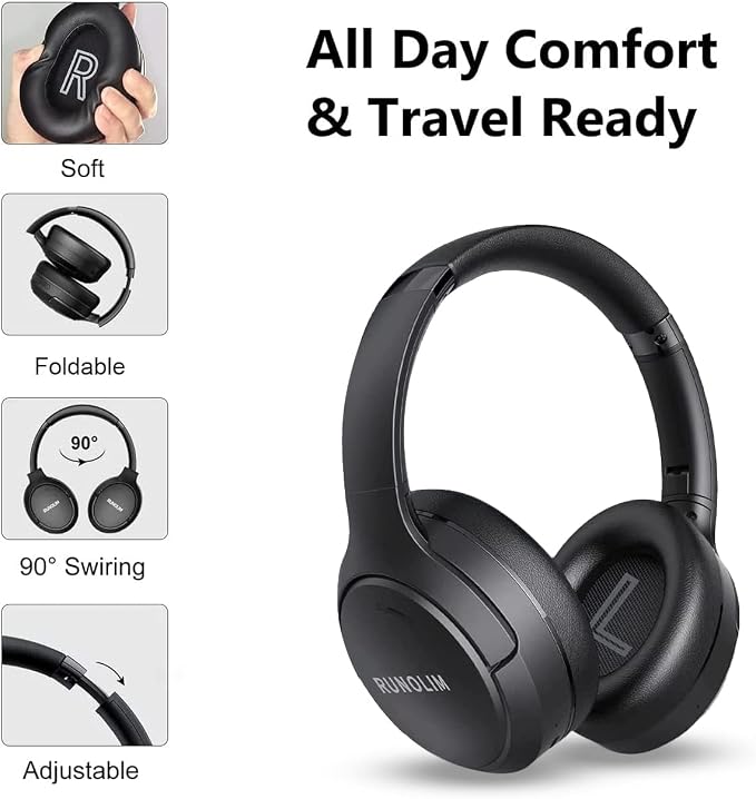 RUNOLIM Hybrid Active Noise Cancelling Headphones, Wireless Over Ear Bluetooth Headphones with Microphone, 100H Playtime, Foldable Headphone with HiFi Audio, Deep Bass for Home Travel Office - Image 4