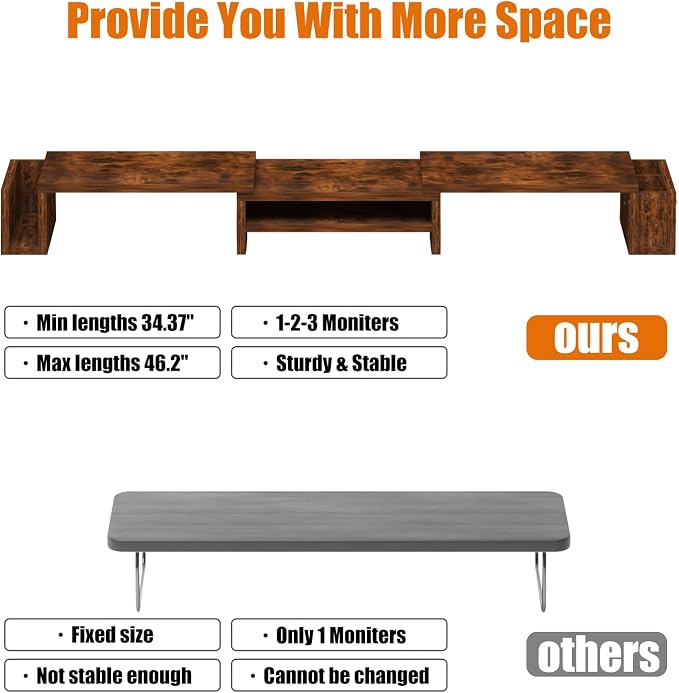 Wood Dual Monitor Stand Riser, Desk Organizers and Accessories with Storage Pen Holders, Adjustable Length and Angle 3 Shelf Extra Long 46" Desktop Organizer for 2 Monitors, Computer, Laptop, TV,Rustic Brown (Triple) - Image 7
