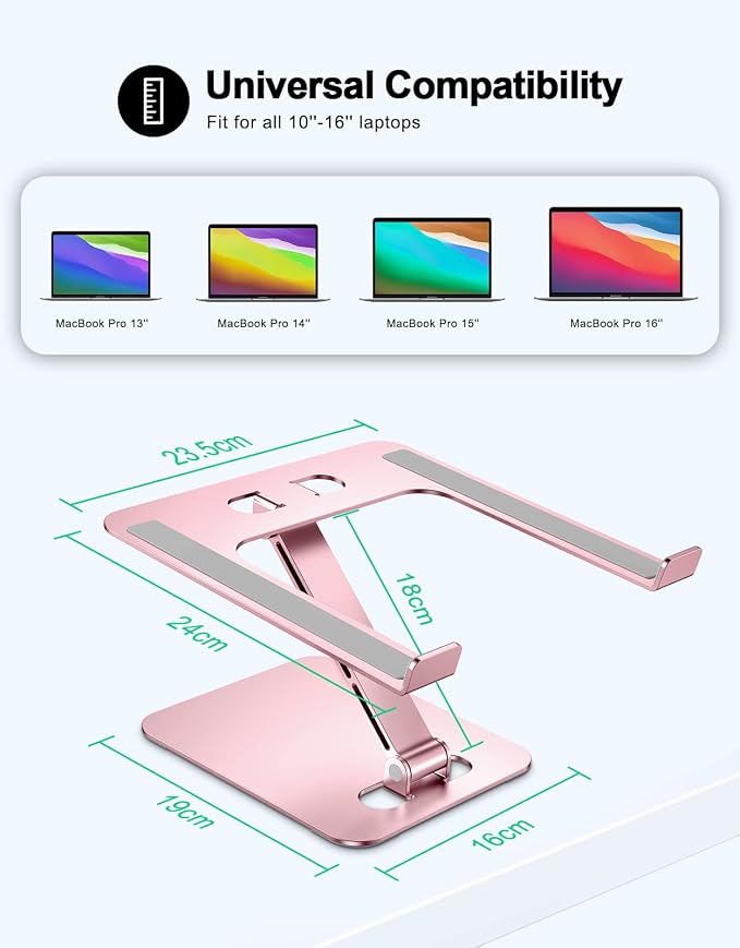 RIWUCT Foldable Aluminum Alloy Laptop Stand for Desk, Height Adjustable Ergonomic Computer Stand, Portable Laptop Riser Holder Printer Stand Compatible with MacBook Pro Air/HP/Dell 10-16", Pink - Image 5
