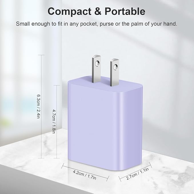 [4 Pack] USB C Charger Block Charging Block Type C Charger | 20W Wall Chargers for iPhone Air/17/17 Plus/17 Pro Max/16/16 Plus/16 Pro Max/15/15 Max/14/13/12/Samsung(Purple) - Image 6