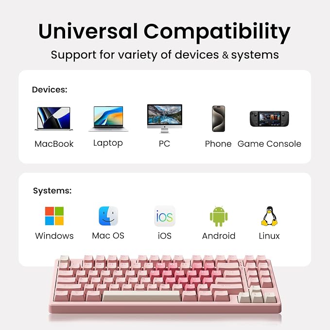 Kisnt KN85 Wireless Mechanical Keyboard, 75% Layout, Bluetooth/2.4GHz/USB-C, Custom RGB Backlit, Hot-Swappable Linear Switch, Creamy Sound for Gaming/Typing (Rose Pink) - Image 6