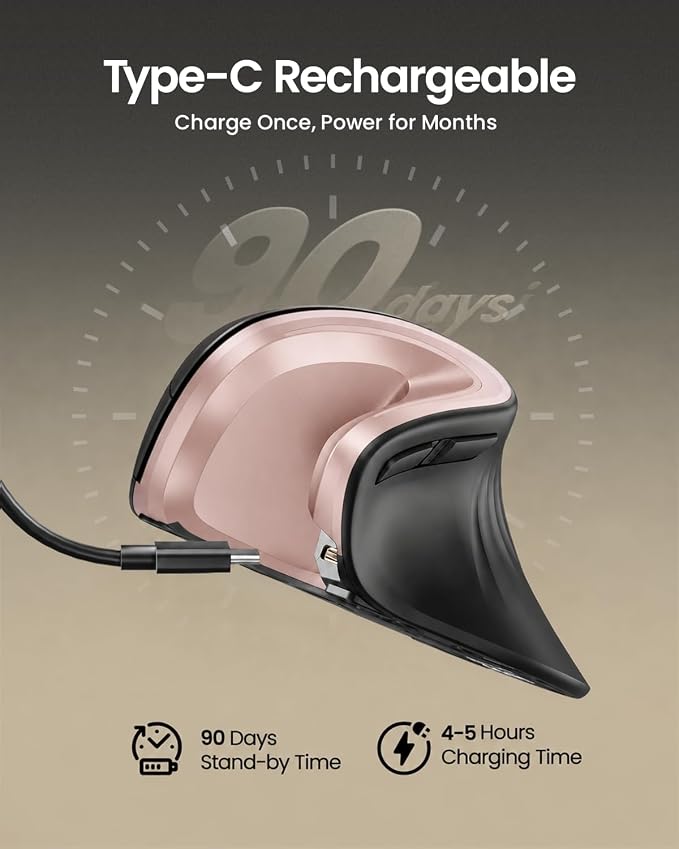 ProtoArc EM11 NL Wireless Ergonomic Mouse, Rechargeable, Black Pink | 58° vertical design supports a natural wrist posture, connect 3 devices via Bluetooth/2.4G USB-A, 500mAh USB-C rechargeable. - Image 3