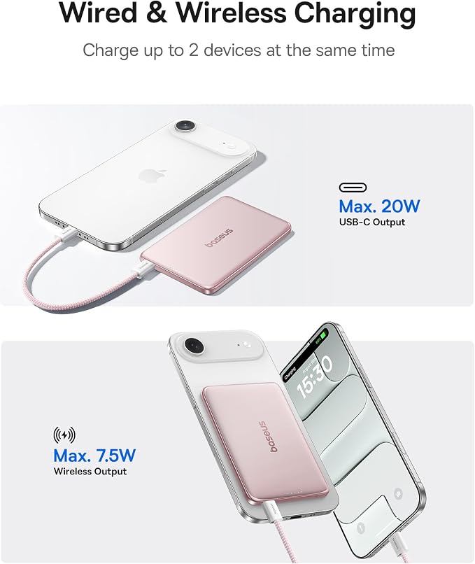 Baseus Picogo Power Bank, 0.3" Ultra Slim 5000mAh MagSafe Battery Pack, Upgraded Polished Alloy Magnetic Portable Charger, Wireless Charger with USB-C Cable for iPhone 17 Pro Max/17 Air/16/15/14/13/12 - Image 4