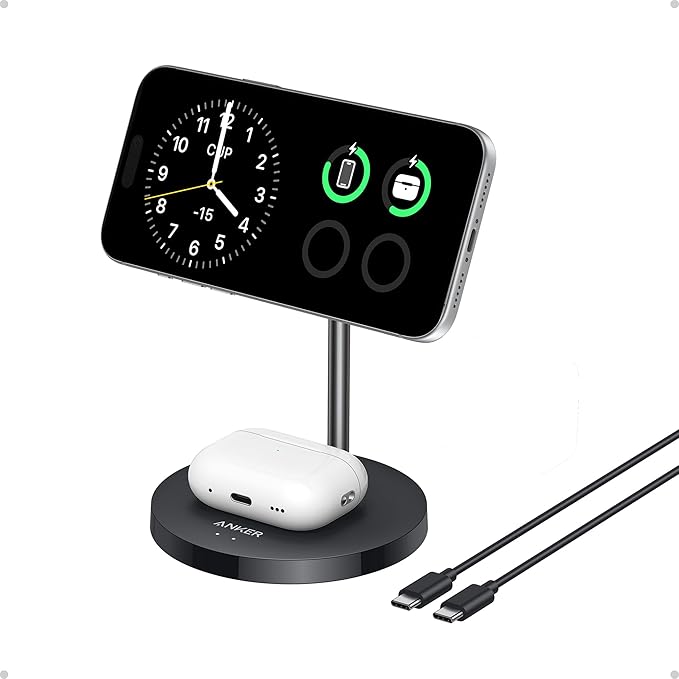 Anker MagGo 2-in-1 MagSafe Compatible Qi2 15W Wireless Charging Stand | Qi2 Certified, Fast Charging, Wireless Charger for iPhone 17, AirPods Pro, and More by Unknown