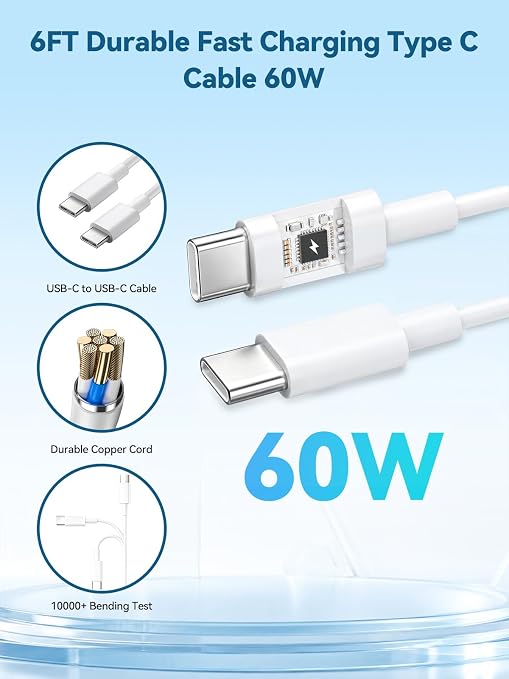 60W for Samsung Charger, Super USB C Fast Android Phone Charger 2Pack Cords | Type C Fast Charging Block with 6FT USB-C to USB C Cable Cords for Samsung Galaxy S26/S26 Ultra/S26+/S25Ultra/S25/S24/S23/S22 - Image 4