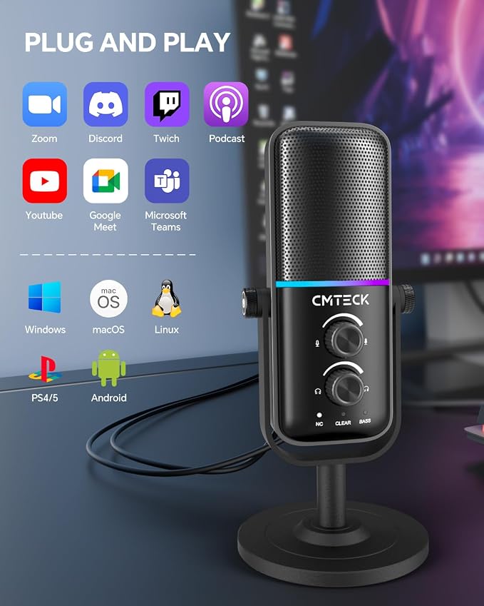 CMTECK USB Microphone for PC, PS4/PS5, Laptop – Computer Microphone with RGB Lighting, Mute Button, Mic Gain, Plug & Play, 3 Sound Modes for Streaming, Podcasting, Recording - Image 7