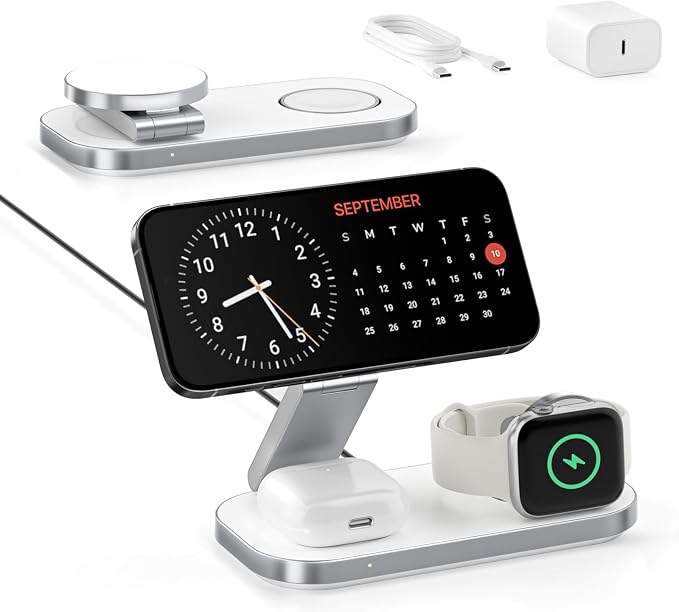 3-in-1 Charging Station for Apple Device, Foldable Magnetic Wireless Fast Charger Stand Compatible with MagSafe for iPhone 17e/17/16/15/14/13/12/Air Series, Apple Watch & AirPods-White by UnfoldYourWorld