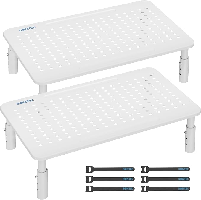 BONTEC Monitor Stand for Desk 2 Pack, 3-Level Height Adjustable, White | 14.5 x 9.1 in Ergonomic Metal Computer Stand with Pen Holder & Cable Management for Printer, Laptop and Office Workstation by BONTEC