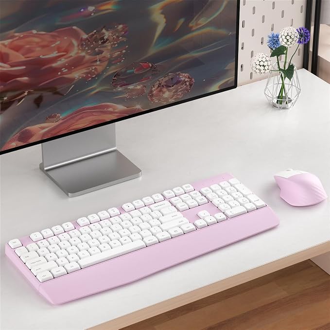 Ergonomic Wireless Keyboard and Mouse Combo with Wrist Rest (White Pink) | COVEVA Full Size Keyboard with 12 Dedicated Shortcuts, Smart Auto-Sleep, 2.4GHz Receiver, Natural Typing for PC Laptop - Image 2