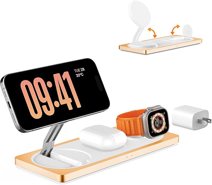 3 in 1 Wireless Charging Station for Apple Devices with MagSafe | For iPhone 17/Air/16/15/14/13/12, AirPods & Apple Watch, Foldable Portable Aluminum Charging Stand, Adapter Included - Image 8