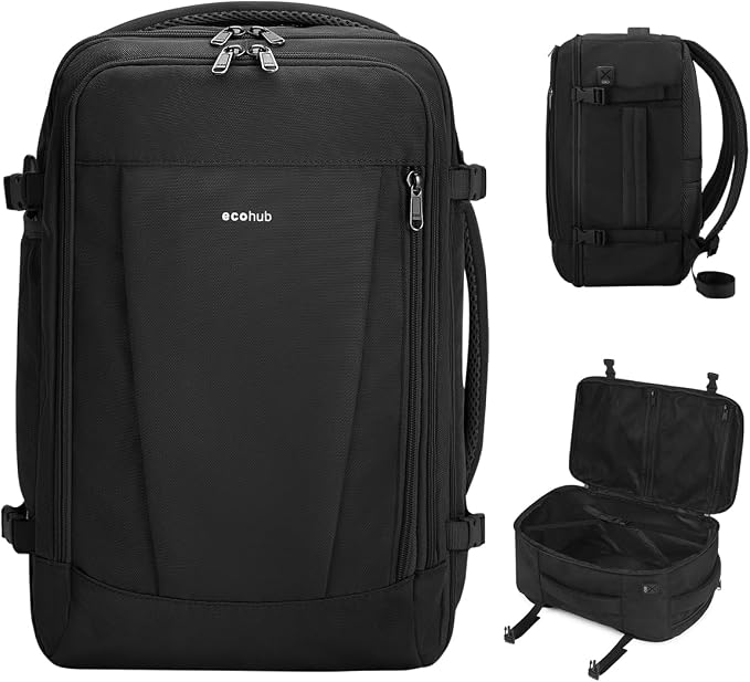 ECOHUB 17inch Travel Backpack Personal Item Bag Carry On Bag Men Women, Black | 16.7"x10"x8" Small Backpack with 13 Pockets Water Resistant Carry on Backpack with USB Port Luggage Sleeve for Men by ECOHUB