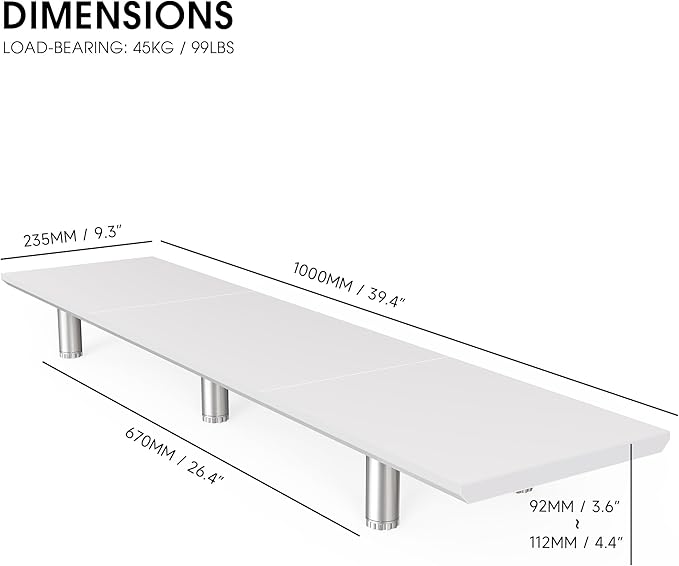 Fenge 39.4” Dual Monitor Stand with Height Adjustable Legs, White | Wooden & Steel, Ergonomic Height 3.6" to 4.4", Underneath Storage, Holds up to 99lbs, Laptop Monitor Stand for Home Office - Image 3