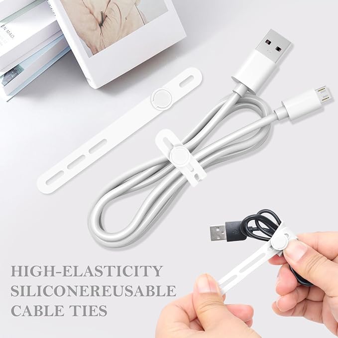 Donruby 30Pcs Silicone Cable Ties, Reusable Cord Organizer Straps, White | Adjustable, Multipurpose, 4.7" High-Elasticity Cord Wraps for Bundling Electronics, Home Office School Essentials - Image 3