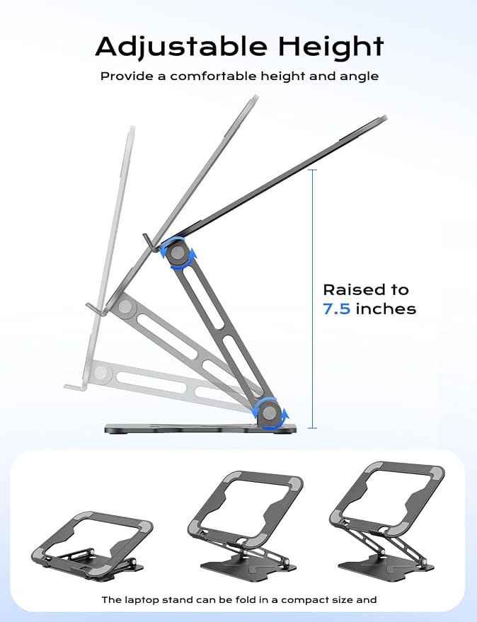 JCZT Adjustable Laptop Stand for Desk, Metal Foldable Laptop Riser, Black | Ergonomic Portable Laptop Stand, Ventilated Cooling Computer Notebook Holder for MacBook Air Pro, All 10-16'' Laptops - Image 3