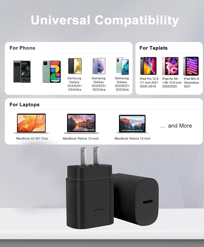 25W Type C Charger, 4-Pack Type C Fast Charging Block, with 6ft Cable Compatible Galaxy S25 S24 S23 S22 S21 S20 S10 S9/i Phone 17/16/15 - Image 6