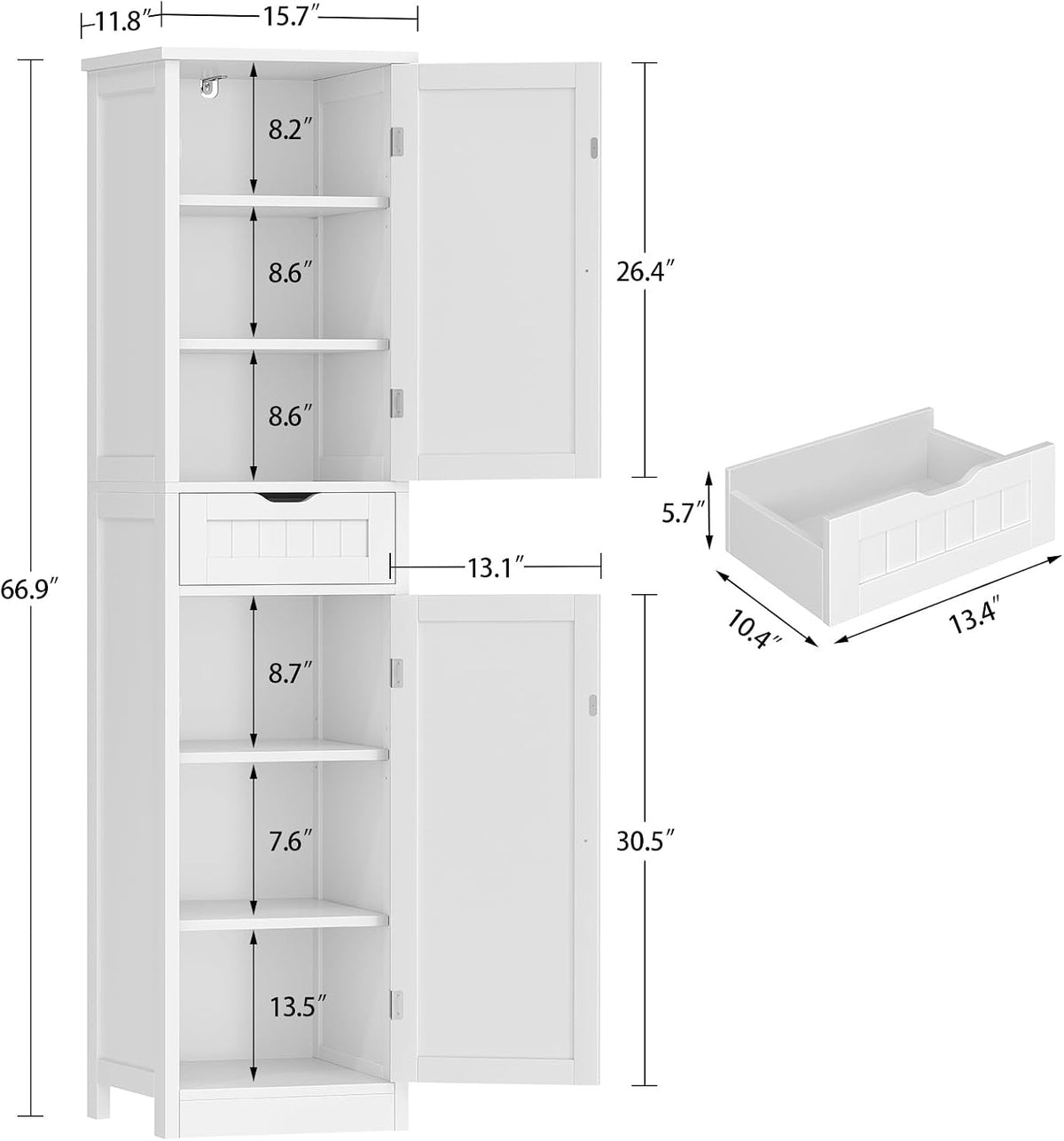 66.9" H Tall Bathroom Cabinet with 2 Doors & 1 Drawer, Narrow Bathroom Storage Cabinet with Adjustable Shelves, for Living Room, Entryway, Kitchen, White - Image 3