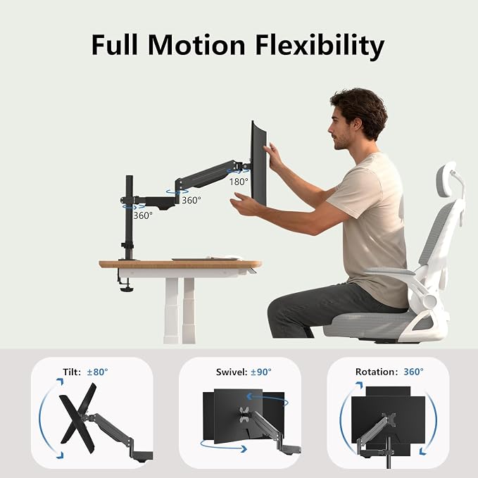 suptek Single Monitor Arm for Desk Mount Stand,Adjustable Monitor Arm for 17 to 32 inch Screen, Support Weight up to 22lbs, Mounting Holes 75x75mm to 100x100mm,Pneumatic Pole Mount Arm Black - Image 3