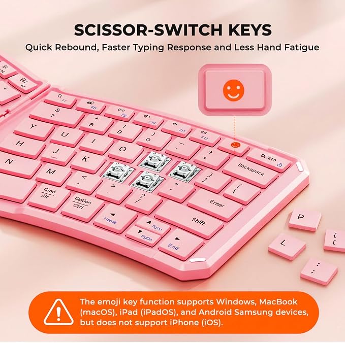 MEETION Foldable Ergonomic Bluetooth Keyboard, Split, Portable, Pink | Compact rechargeable folding keyboard with split ergonomic design, ideal for business travel, for Windows, Mac, iPad, Android - Image 6